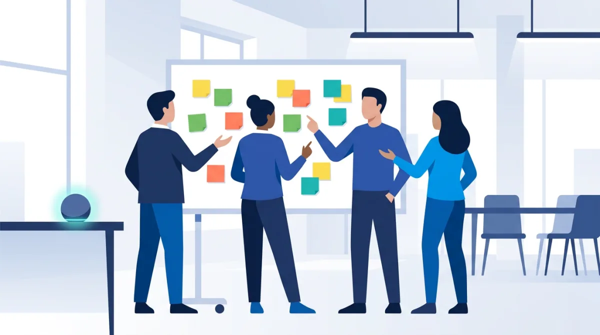 Workshop-Gruppe mit KI-Assistenz im Raum